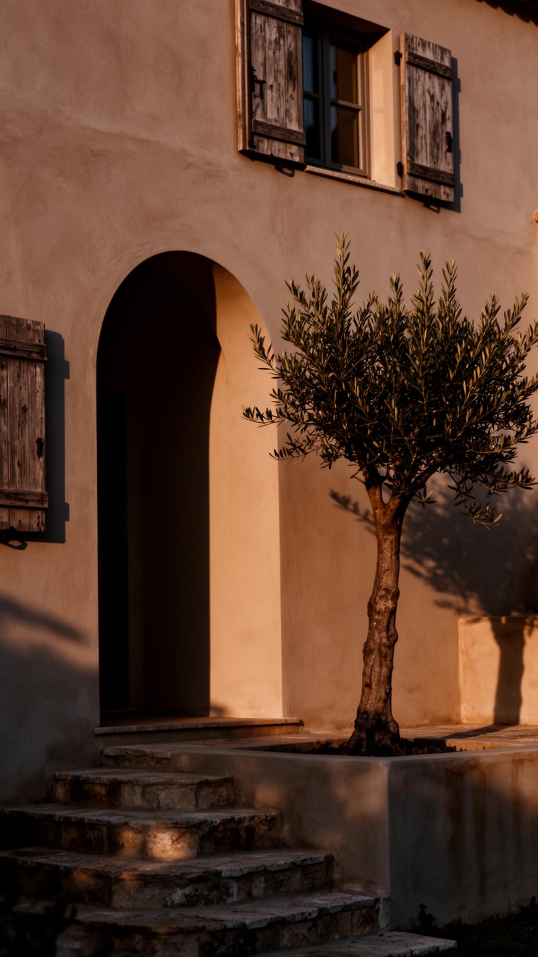 A Mediterranean facade with arched doorway and olive tree at golden hour