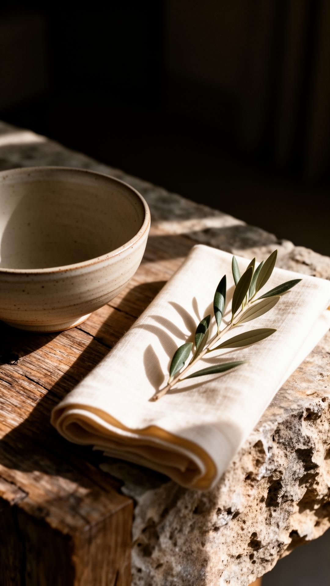 A still life of ceramic, linen, and olive on weathered stone