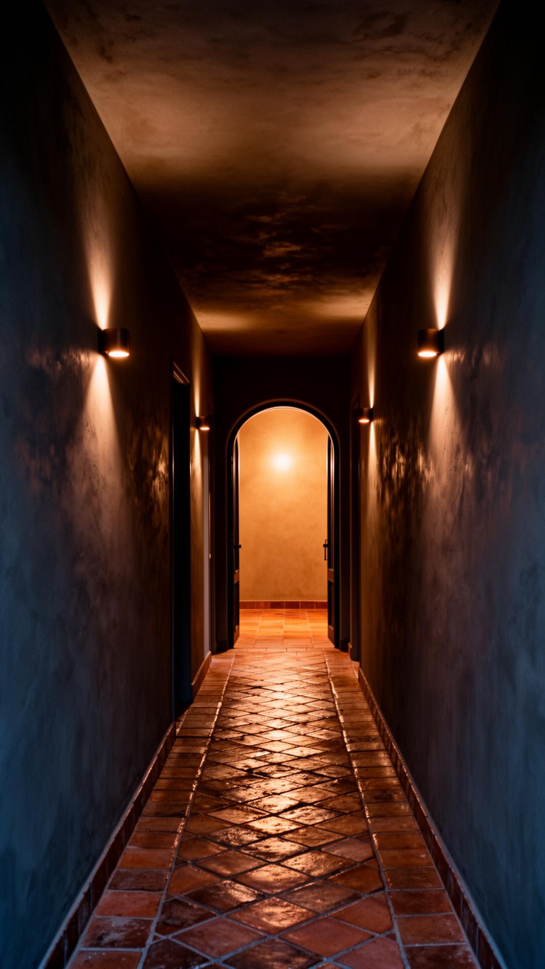 A moody hotel hallway lit by warm sconces leading into an arched doorway