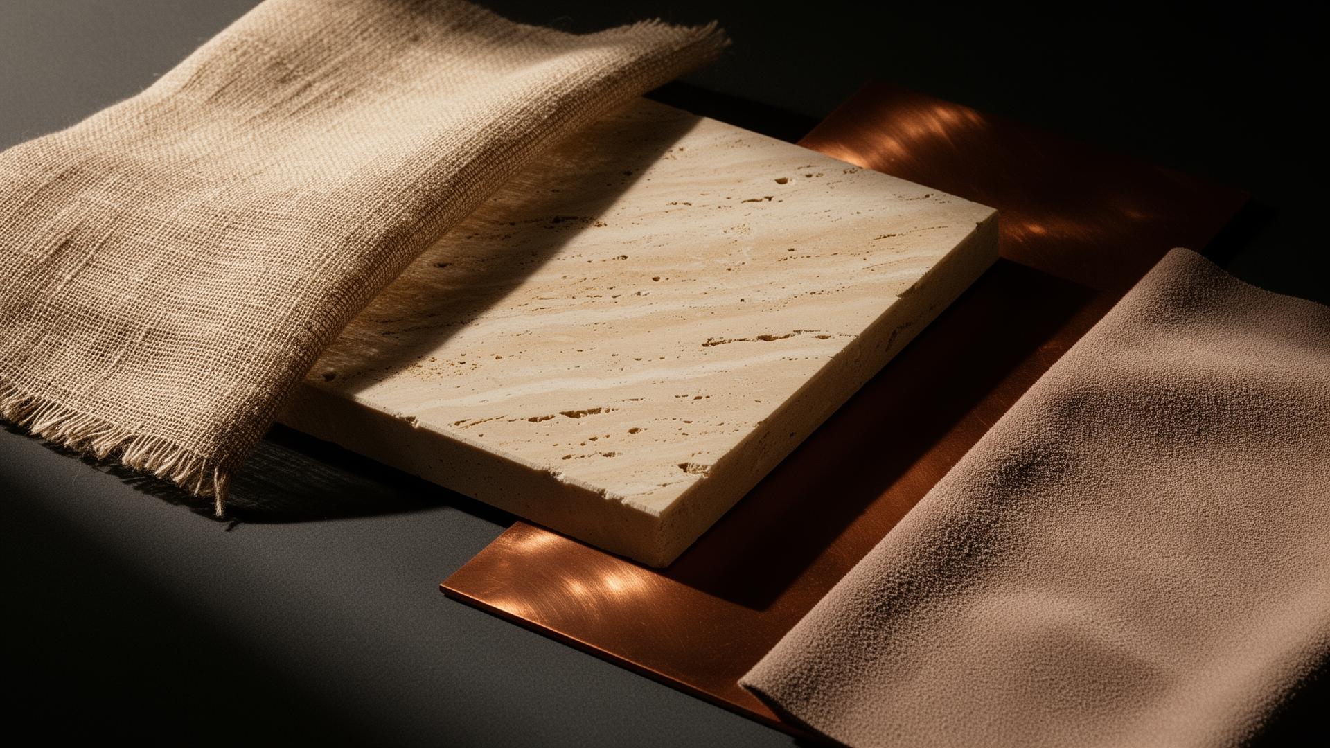 A material study of linen, travertine, copper, and suede