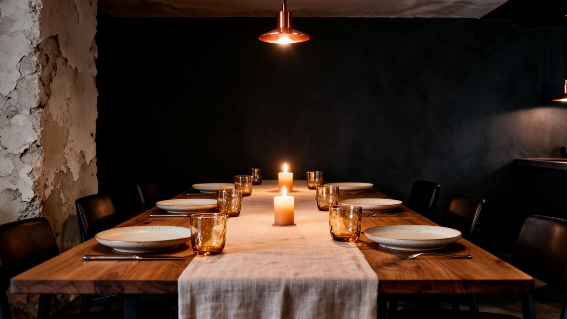 A long oak table set with handmade ceramics and amber glass under low candlelight